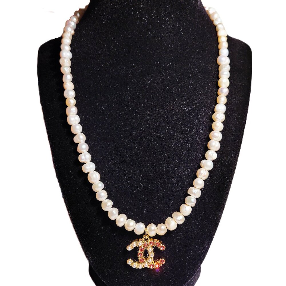Genuine Freshwater Pearl & CC Stamped Pink Rhinestone Fashion Charm Necklace